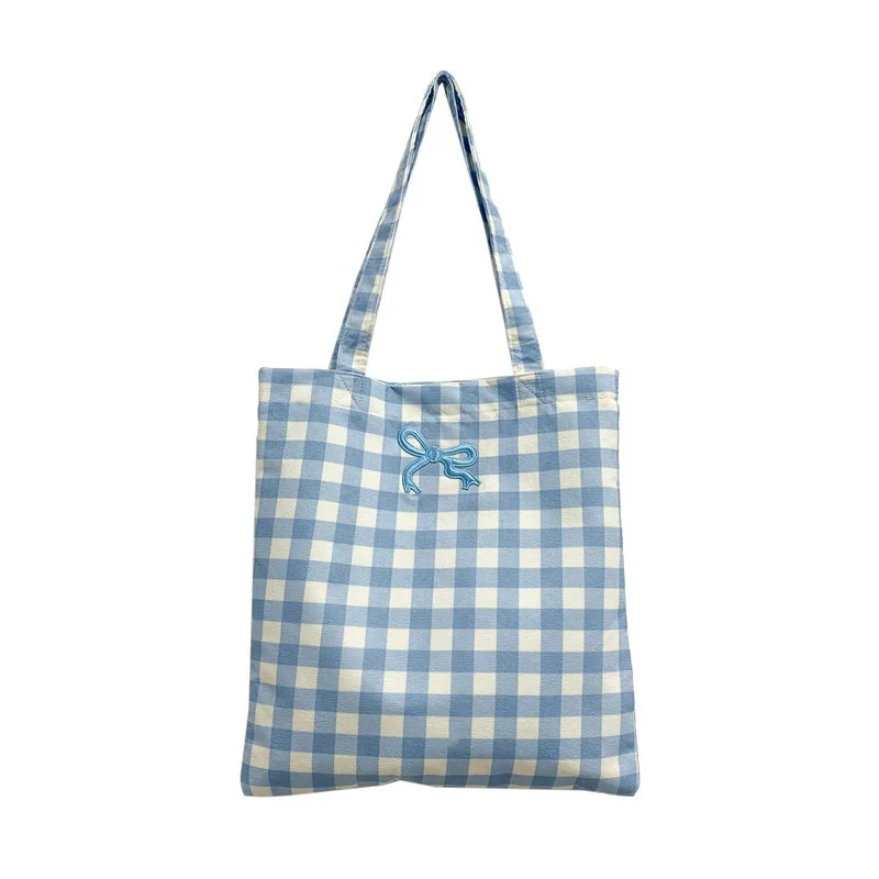 DEANWANGKT 2025 cute plaid shoulder bag popular new little fresh girl fabric tote bag soft cute plaid make-up bag - Deanwangkt