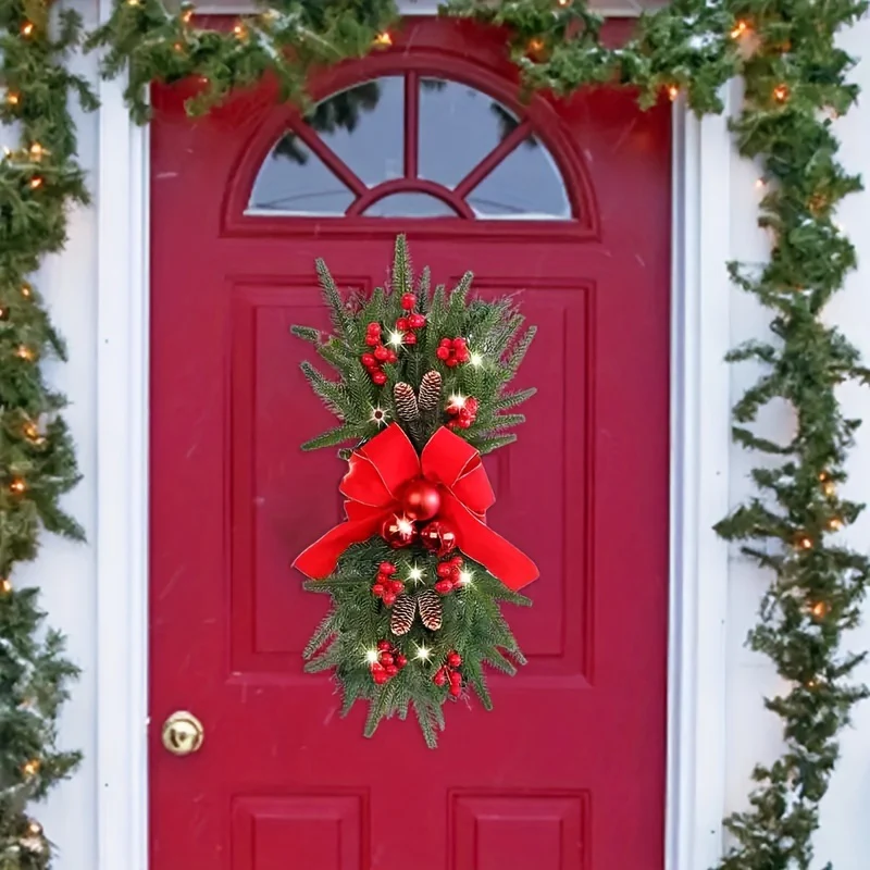 1Pc Berries Pine Bow Christmas Wreaths for Wall Doors and Windows Hanging Decorations - Deanwangkt