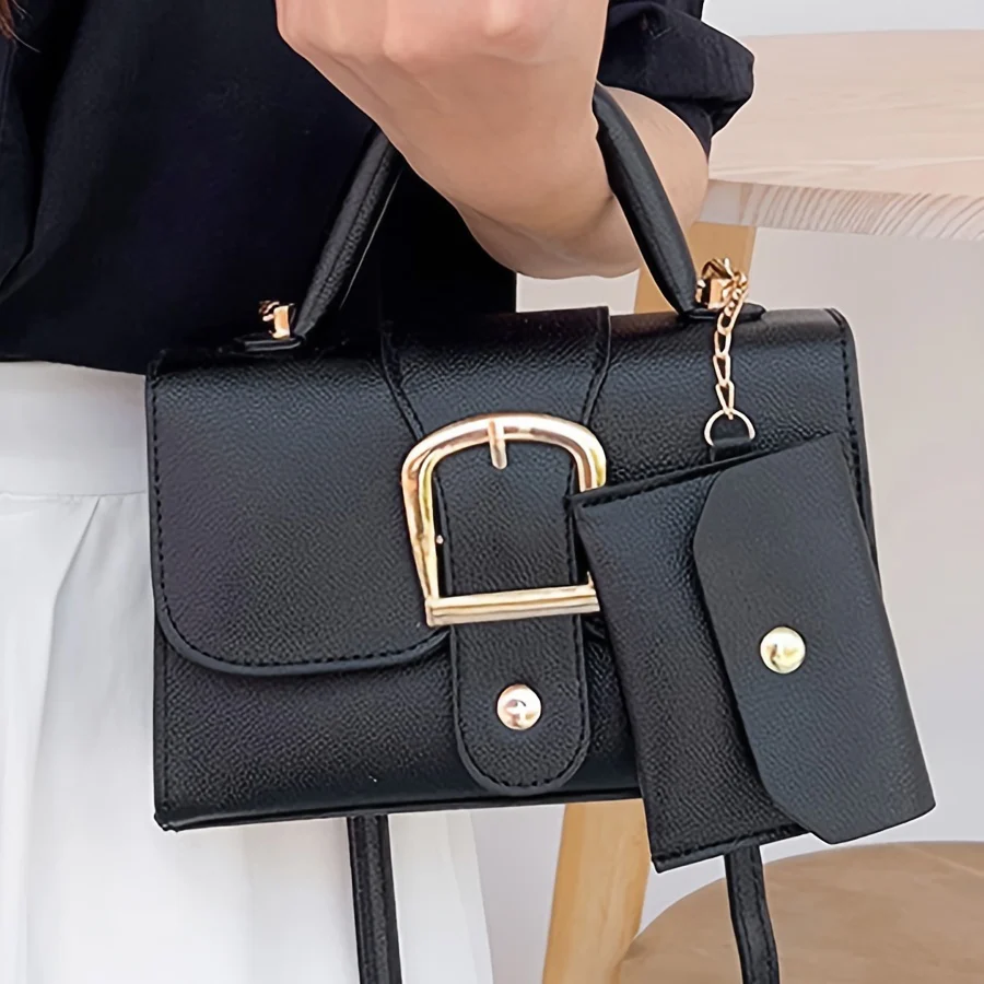 Mini Square PU Leather Crossbody Shoulder Bag - Buckle Closure, Solid Color, Unlined, Retro Trendy Chic Design with Mini Card Holder - Stylish and Compact Top-Handle Purse for Women - Deanwangkt