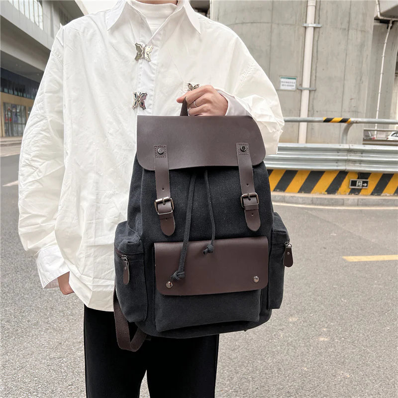 Canvas Backpack Computer Bag Personalized Fashion Travel Drawstring Backpack Flip Backpack Retro Backpack for Men - Deanwangkt