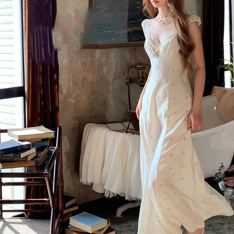 deanwangkt Zanzan [South  Holiday]  Retro Hollow Machine Embroidery V-neck Dress  Summer Dress - Deanwangkt