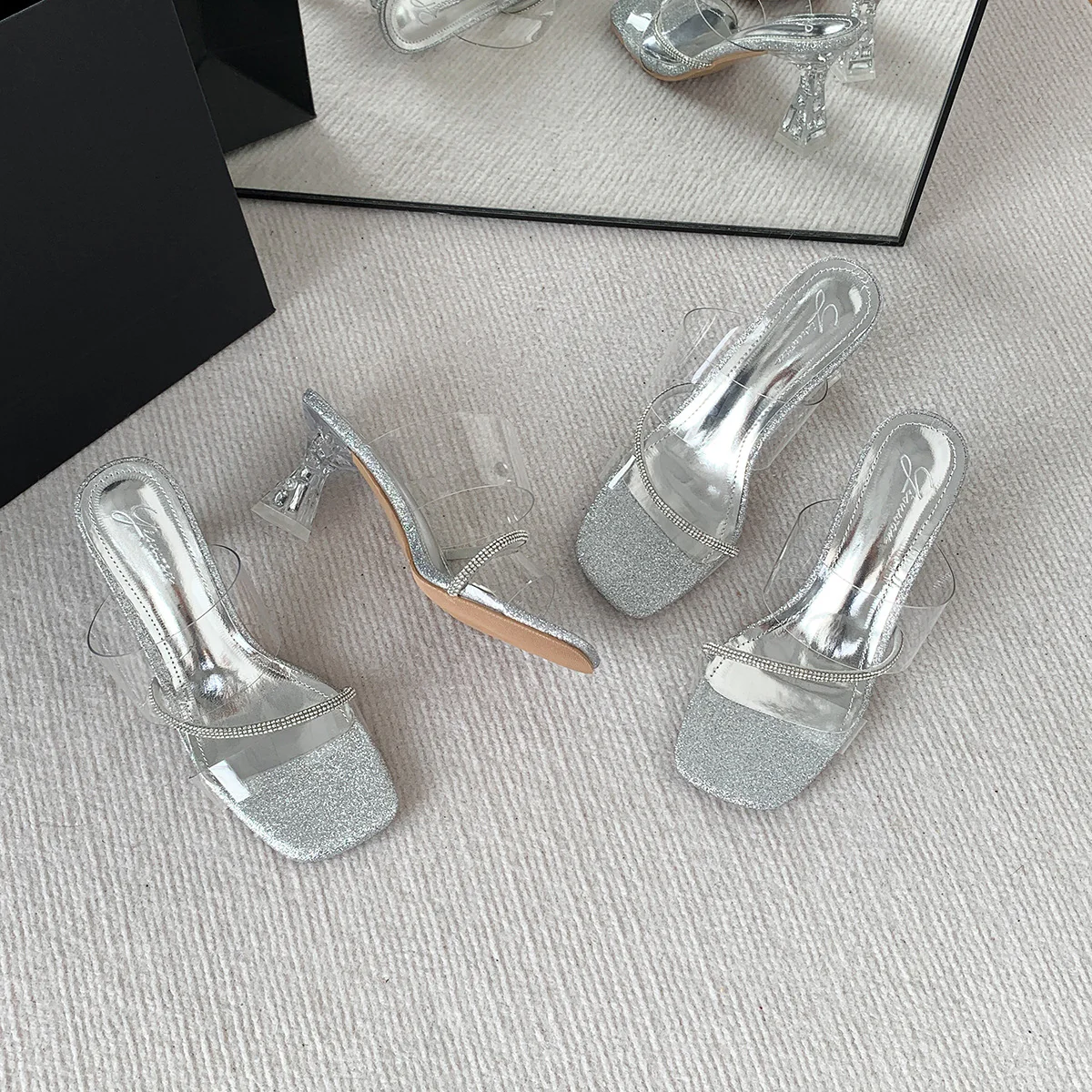 DEANWANGKT  Summer New Style Silver One Strap Transparent Rhinestone Sandals Women's Sexy Thick Heel Crystal Heel Sandals for Outer Wear - Deanwangkt