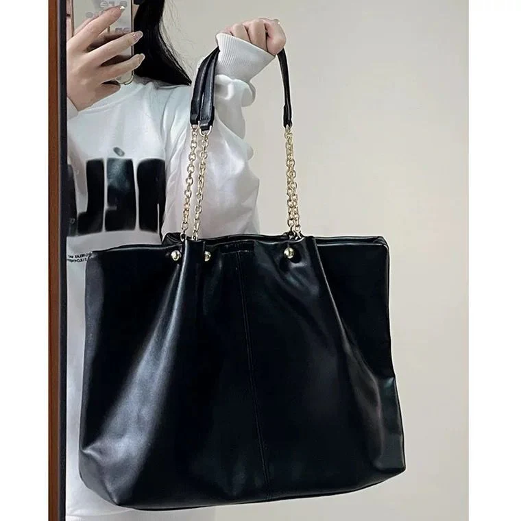 Bag  New Soft Leather Tote Large Capacity Female Niche High Sense College Student Class Portable Shoulder Bag - Deanwangkt