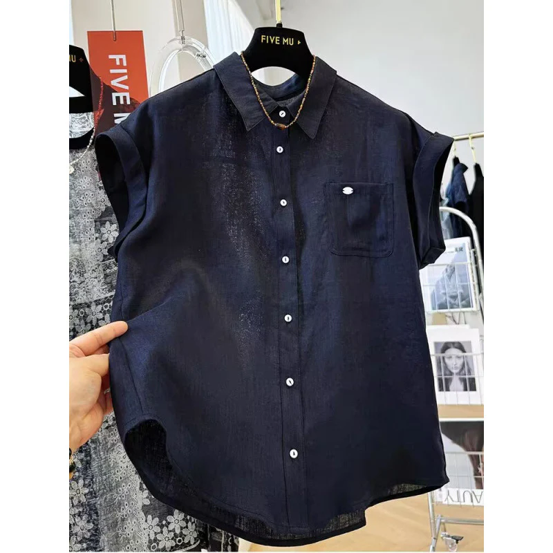 Handmade beads, high-end linen short-sleeved lapel shirt, women's  summer thin fashion temperament shirt - Deanwangkt