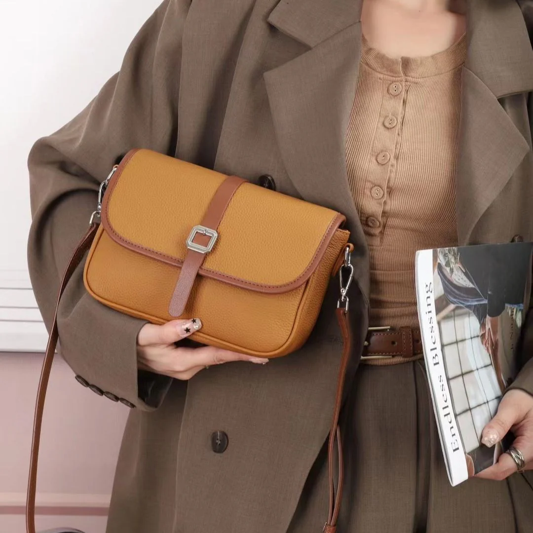 New leather women's bag first layer cowhide TOGO leather contrasting color messenger bag women's small square bag casual versatile bag cover 602 - Deanwangkt