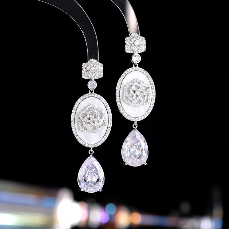2025 camellia zircon water drop earrings banquet dress high-end earrings fashion temperament versatile light luxury earrings - Deanwangkt