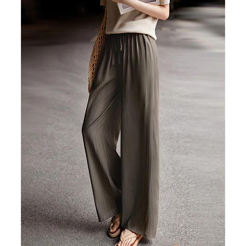 2025 Ice silk drooping wide-leg pants, soft elastic waist thin floor-mopping pants, mosquito-proof pants, trousers, women's summer clothing - Deanwangkt