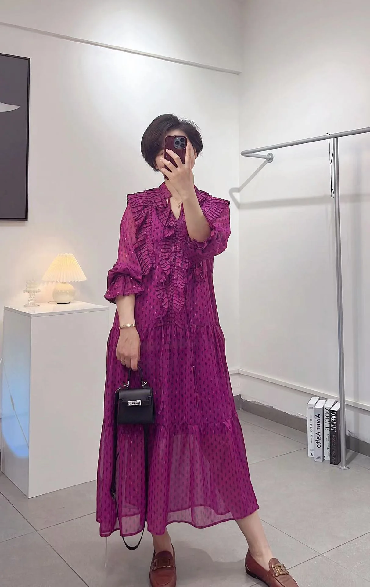 2025 Spot 2023 autumn and winter  heavy industry purple long dress pleated versatile lotus leaf sleeve iris large size dress - Deanwangkt