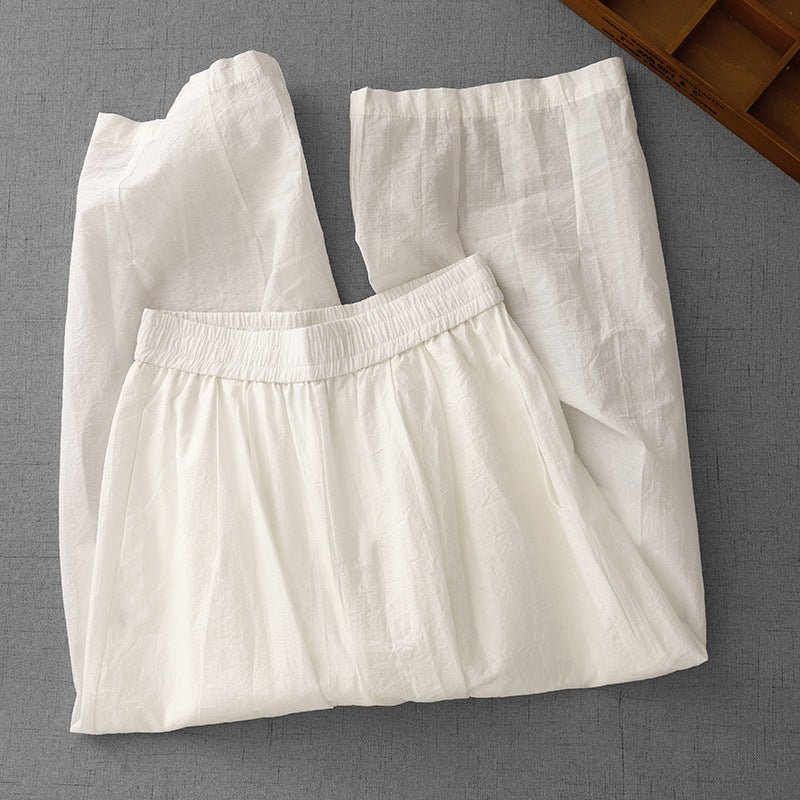 Summer  new Japanese retro beige cotton and linen paper pants women's high-waisted small radish wide-leg pants - Deanwangkt