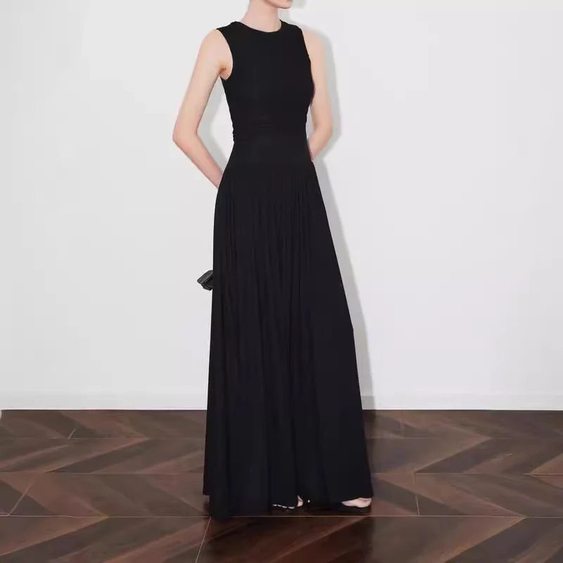 2025 popular summer new knitted thin round neck splicing sleeveless long dress women's versatile thin Muse skirt - Deanwangkt