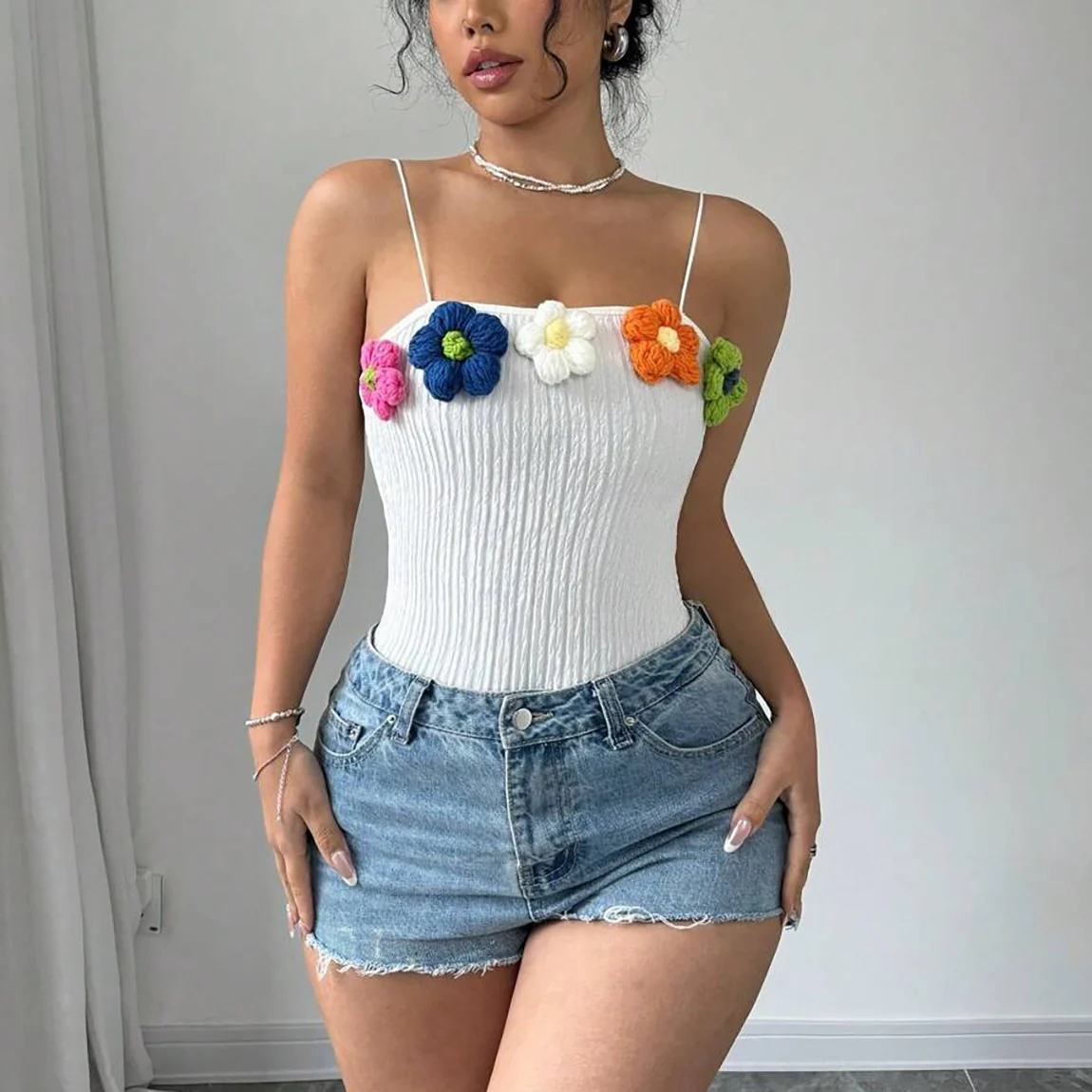 Summer new fashion design chic knitted three-dimensional flowers highlight the figure Spice girl three-dimensional onesie women's clothing - Deanwangkt