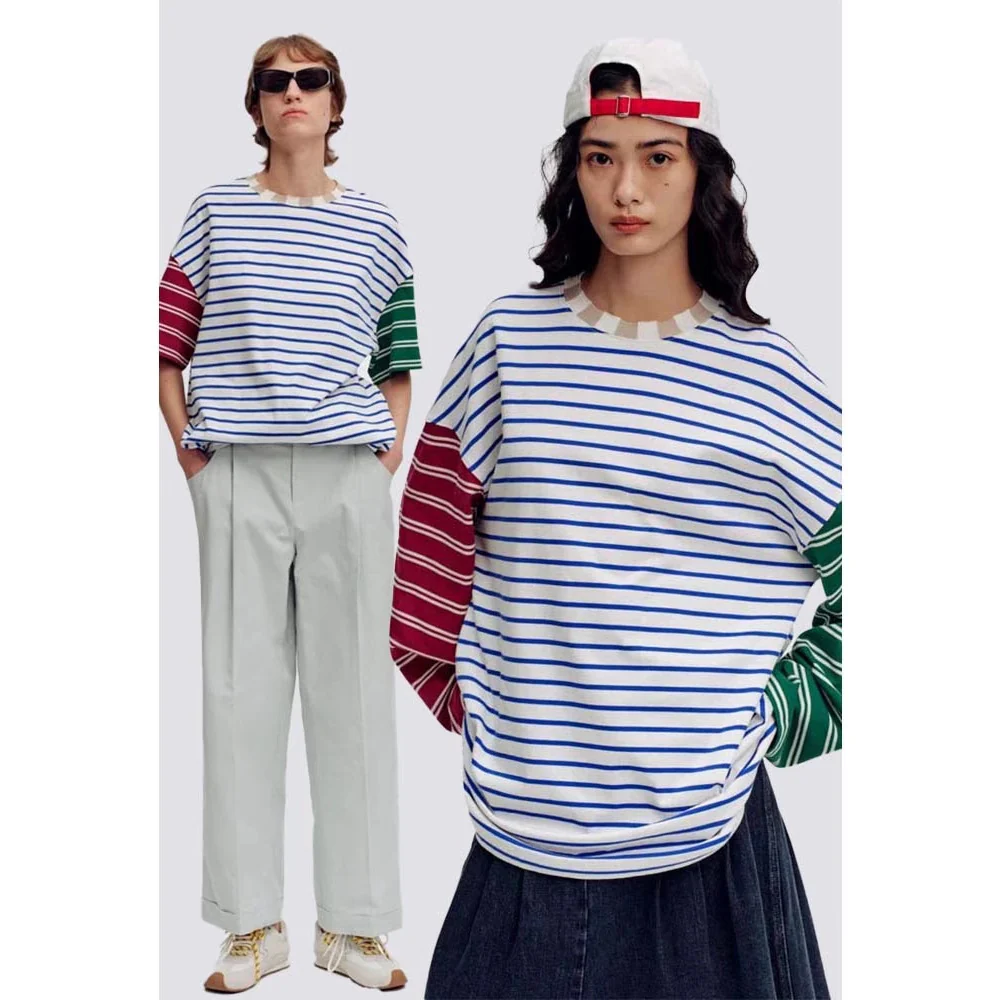 Siyuan 25 Spring and Summer Designer Loose Cotton Striped Knitted Collar Color Matching Short Sleeve + Long Sleeve T-Shirt 8965 + 896 - Deanwangkt