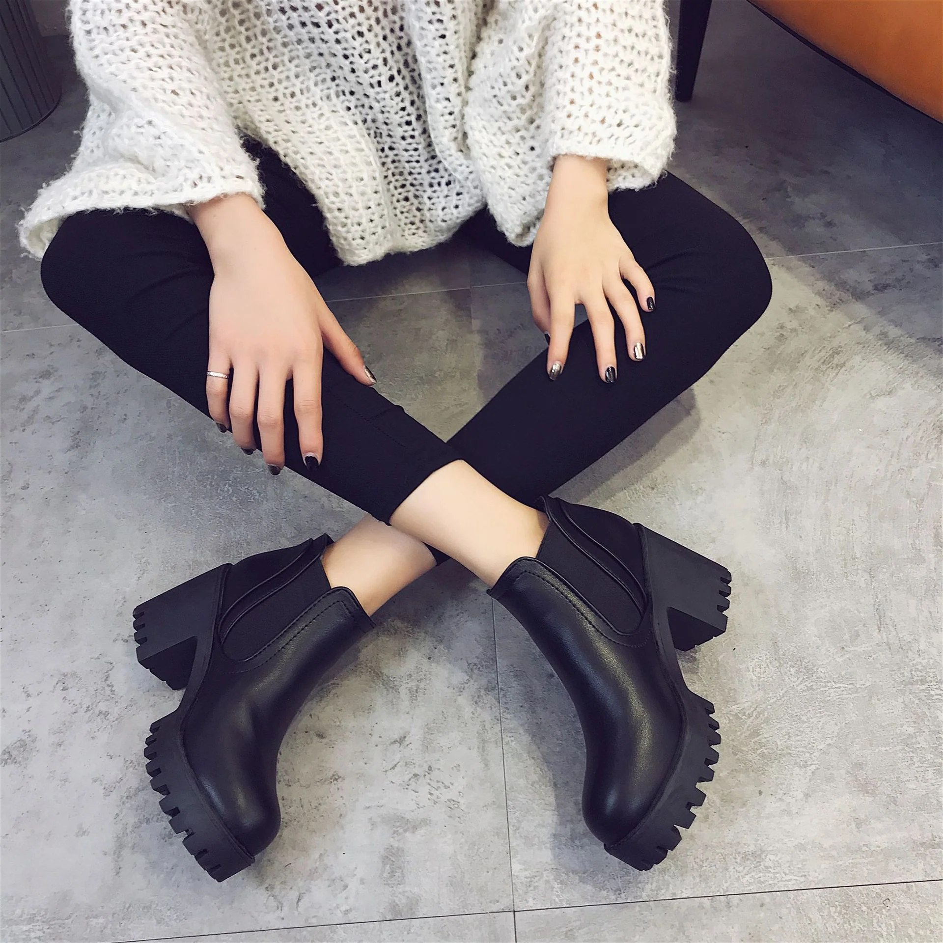 Size 41 Autumn and Winter British Martin Boots Low-Cut Chunky Heel High Heel Women's Ankle Boots round Toe Waterproof Platform Elastic Ankle Boots Wholesale - Deanwangkt