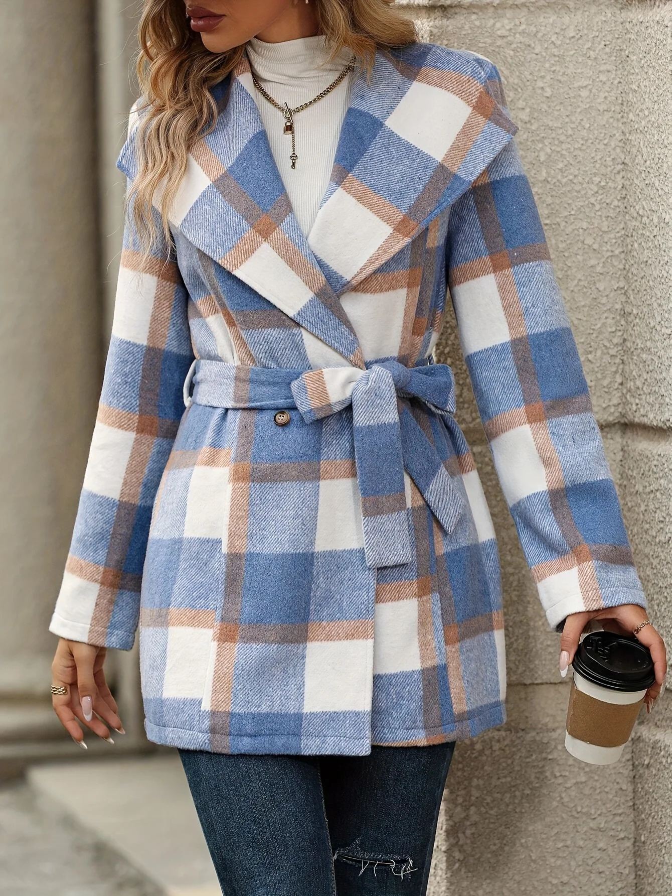 Elegant Women's Plaid Pattern Double Breasted Belted Long Sleeve Overcoat for Fall & Winter - Deanwangkt