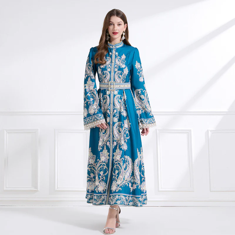 Retro temperament long sleeves flared sleeves round neck positioning printing waist thin single-breasted dress elegant long skirt - Deanwangkt