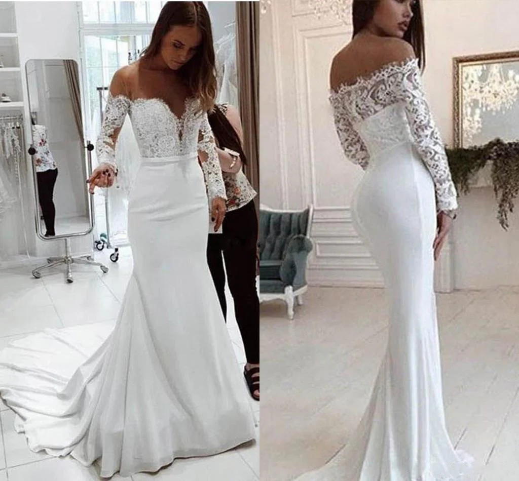 2020 autumn new 2025 women's clothing  one-word shoulder lace long-sleeved dress floor mopping wedding dress new - Deanwangkt