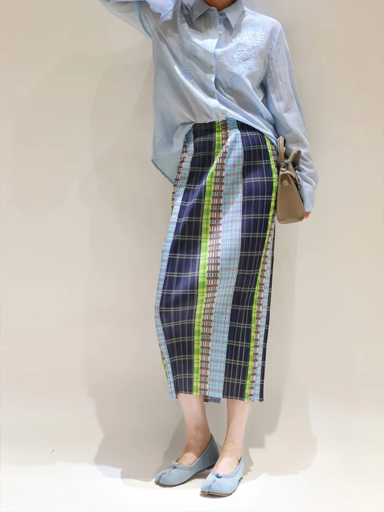 Siyuan, Miyake style new splicing plaid printing skirt summer elastic waist pleated medium and long skirt 9079 - Deanwangkt