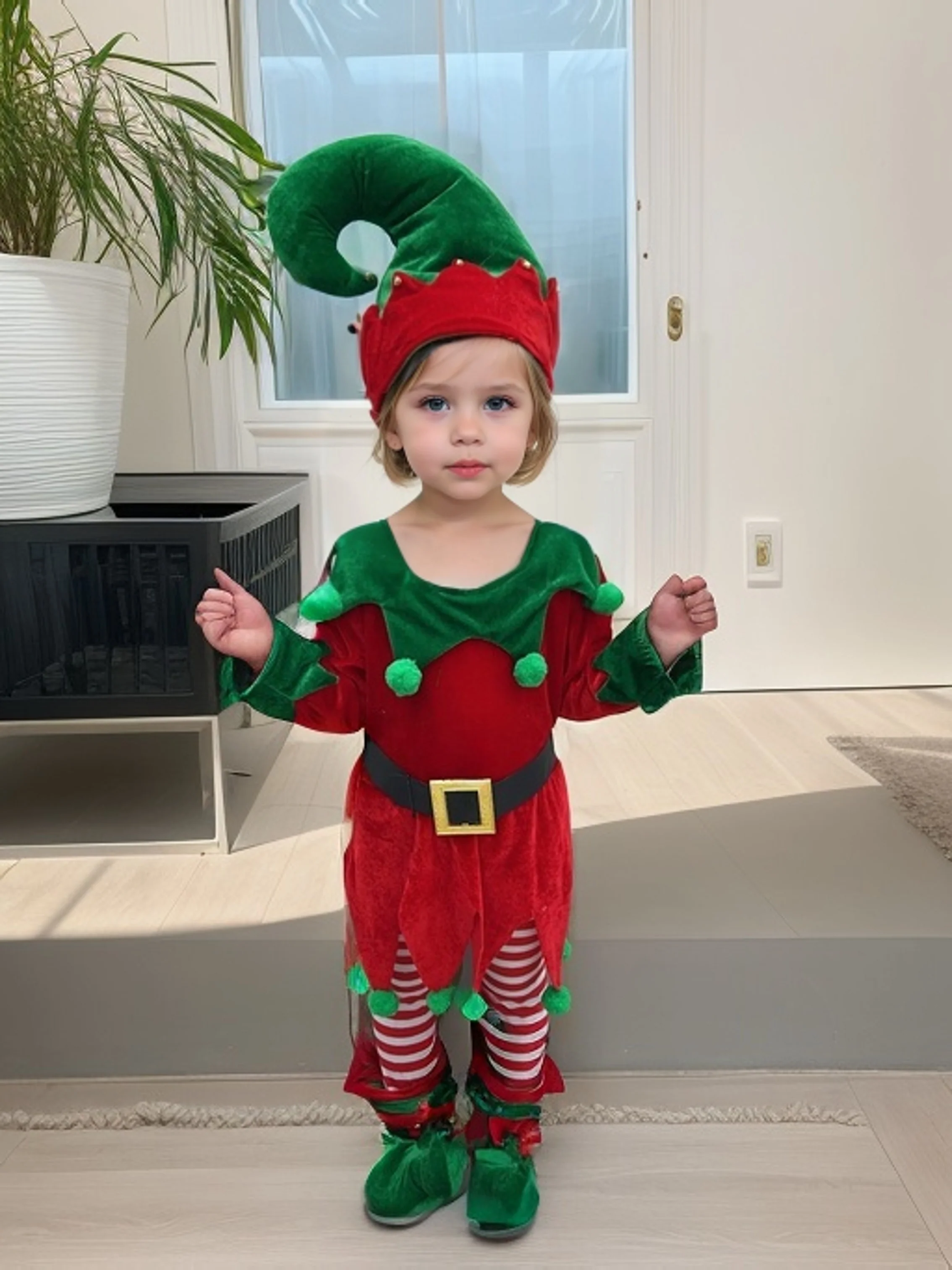 Teen Girls Christmas Style 4-piece Set, Long Sleeve Green And Red Color Block Elf Dress And Striped Socks And Non-Slip Fleece Shoes And Christmas Hat Set, Warm And Soft For Winter Christmas Stage Performance And Dress Up Wear - Deanwangkt