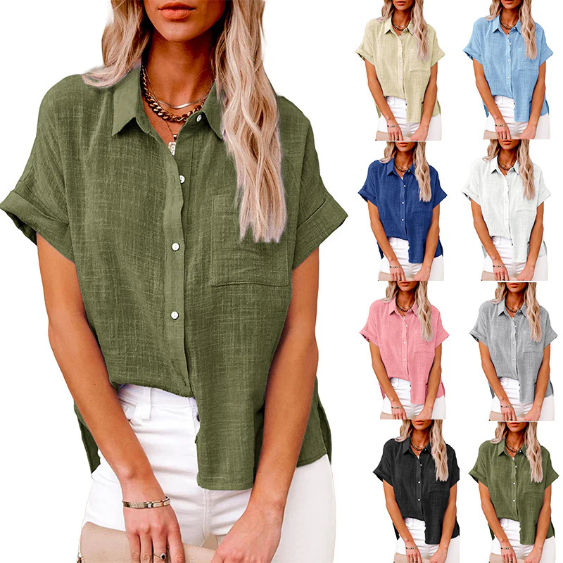 DEANWANGKT  Temu Summer New  Cross Border Women's Solid Color Linen Shirt Short Sleeve Casual Loose Shirt - Deanwangkt