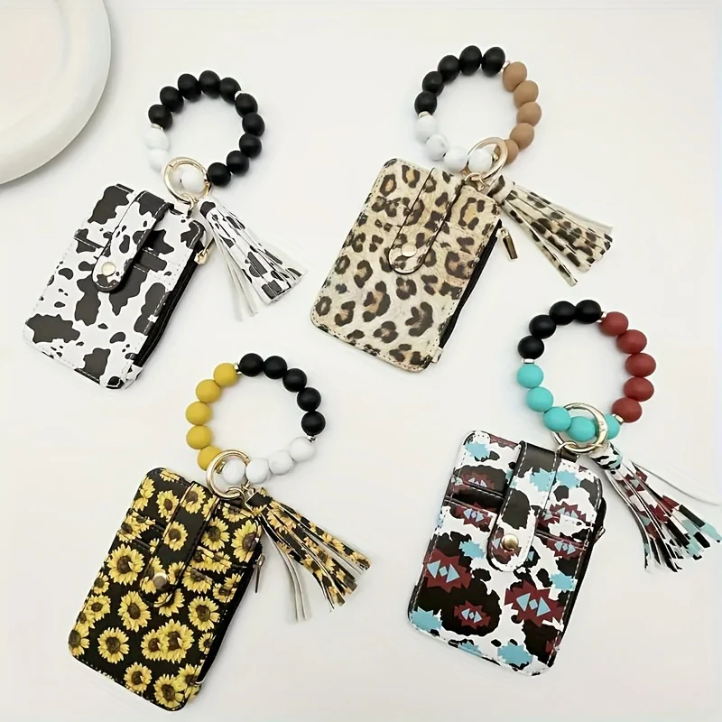 Single Retro Round Silicone Beaded Wristlet Keychain with PU Leather Wallet Card Holder, Ring Buckle, Tassel, and Phone Lanyard - Perfect Couple Keychain for Valentines Day Gift - Plant Theme, Tool, and Bag Charm Included - Deanwangkt