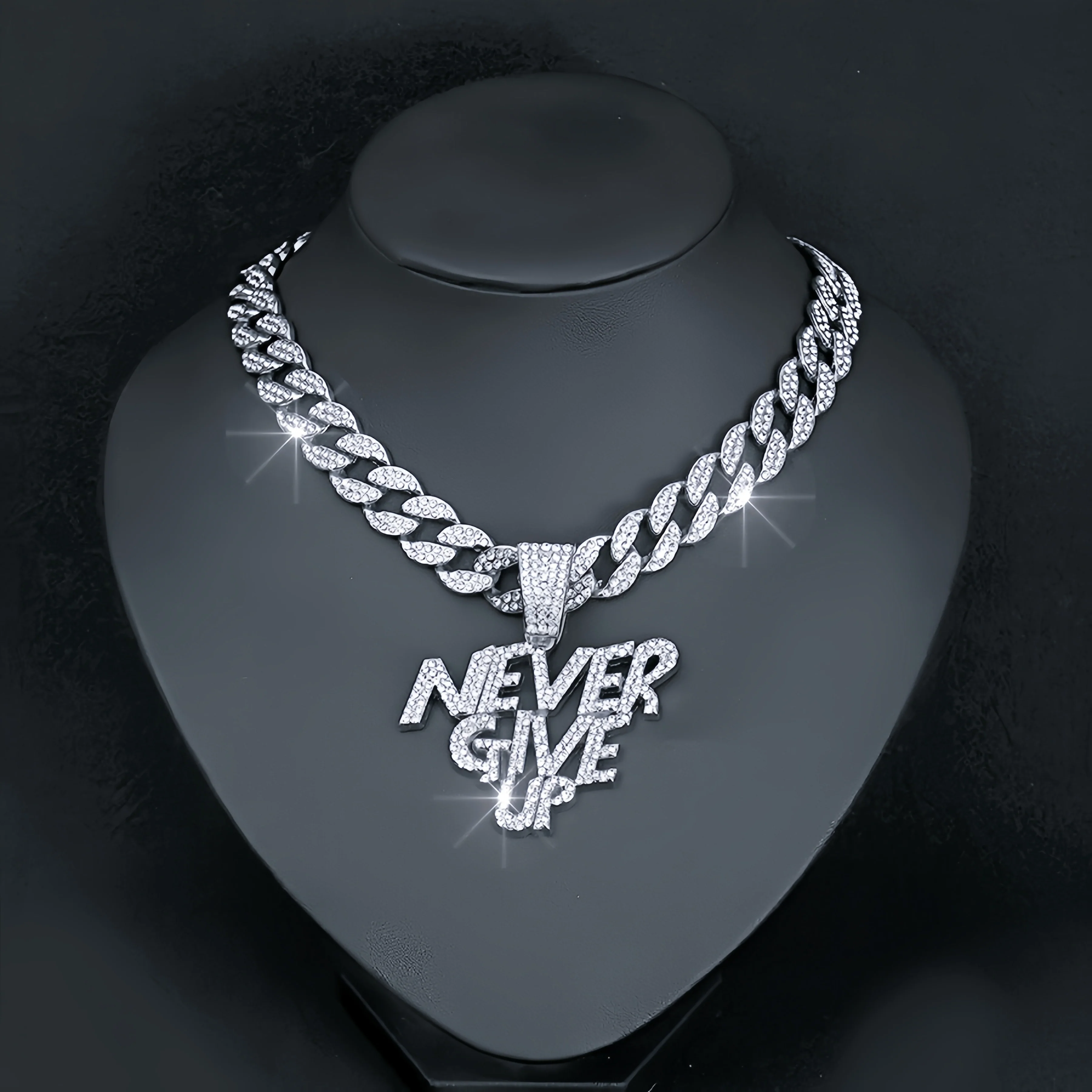 Never give up pendant hip hop Cuban chain necklace, chain length 18in wide 0.59in, gift box - Deanwangkt