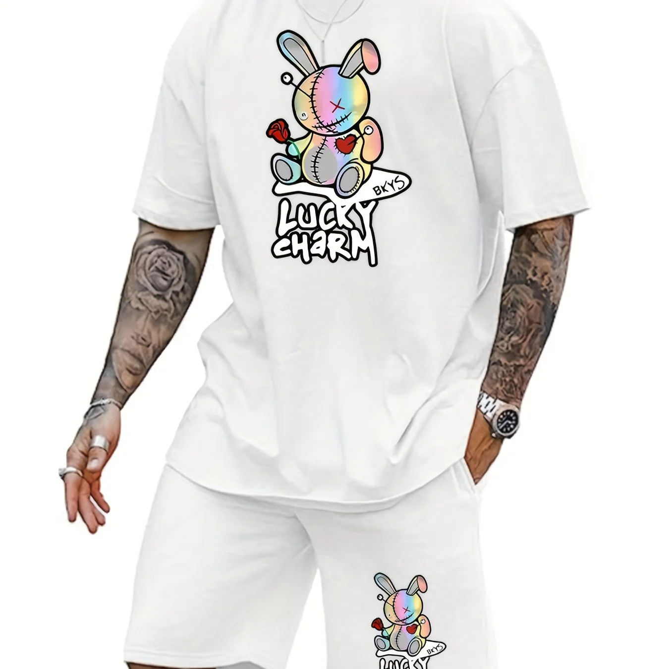 2pcs Mens LUCKY CHARM Loungewear Set - Fashion Bunny Doll Print T-Shirt & Drawstring Shorts with Pockets - Comfortable Casual Pajama Outfit for All-Day Wear - Deanwangkt