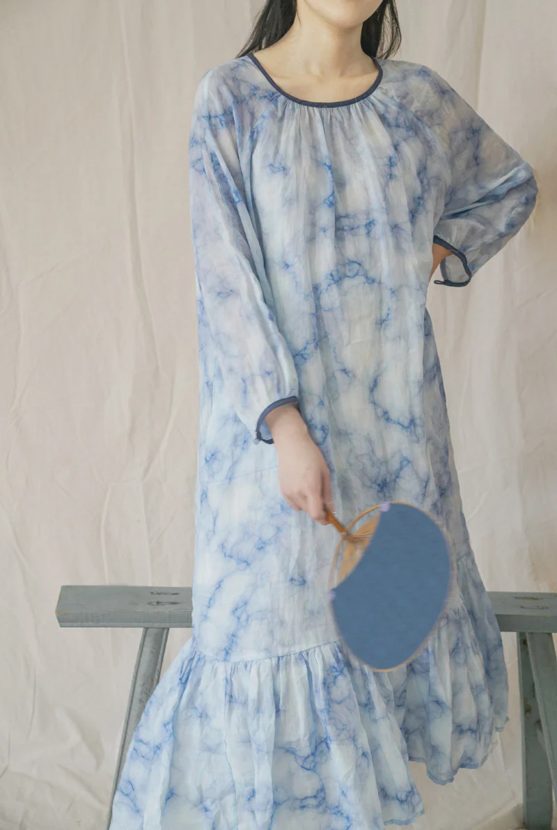 design literary and artistic smudged ramie fishtail dress, retro niche lace-up atmosphere long dress L22187 - Deanwangkt