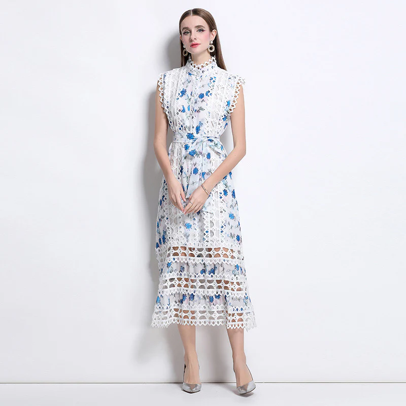 temperament high sense stand collar hollow embroidered lace splicing sleeveless waist thin elegant dress - Deanwangkt