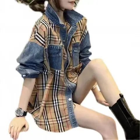 Autumn womens shirts designer blouse fashion plaid Splicing denim jacket long-sleeved shirts cardigan coat plus size - Deanwangkt