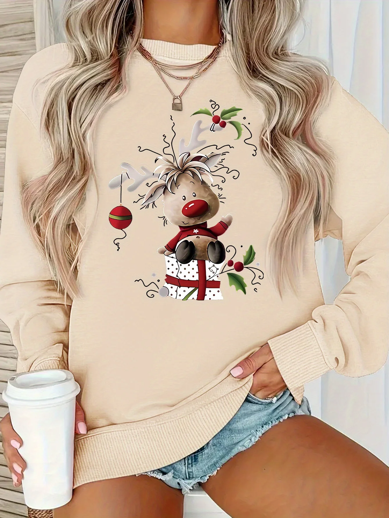 Y2K Style - Cartoon Christmas Reindeer Pattern Women's Round Neck Pullover Casual Sports Long-sleeved Plush Lined Sweater Pullover Top - Deanwangkt