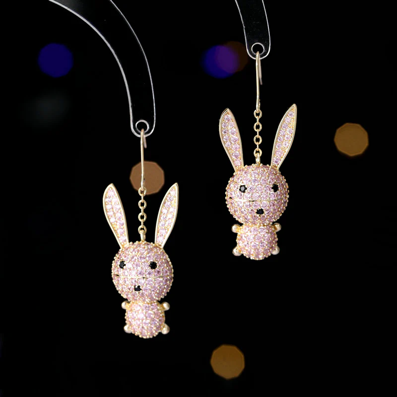 2025 Stylish and smart cute bunny ear hook slightly inlaid with zirconium creative design sense super fairy temperament three-dimensional animal earrings - Deanwangkt
