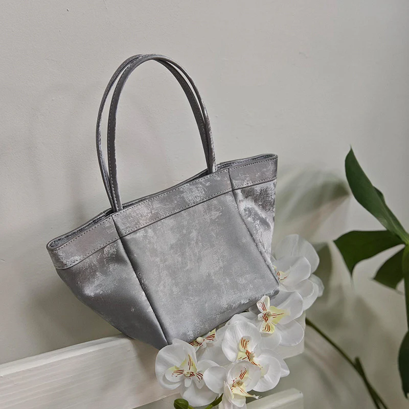 New Chinese Style Vegetable Basket Bag Satin Small Genuine Leather Square Bag Large Capacity Niche Portable Bucket Bag Shoulder Crossbody - Deanwangkt