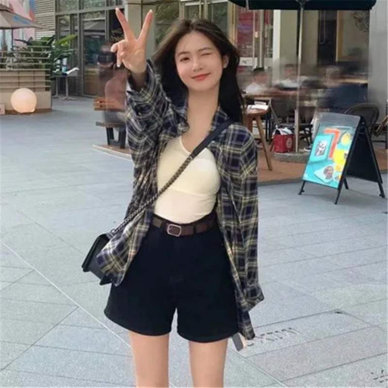 DEANWANGKT  Plaid Shirt Women's Spring and Summer Power Wear Wear Idle Style Design Sense Loose Shirt Long Sleeve Tup Cardigan Coat - Deanwangkt