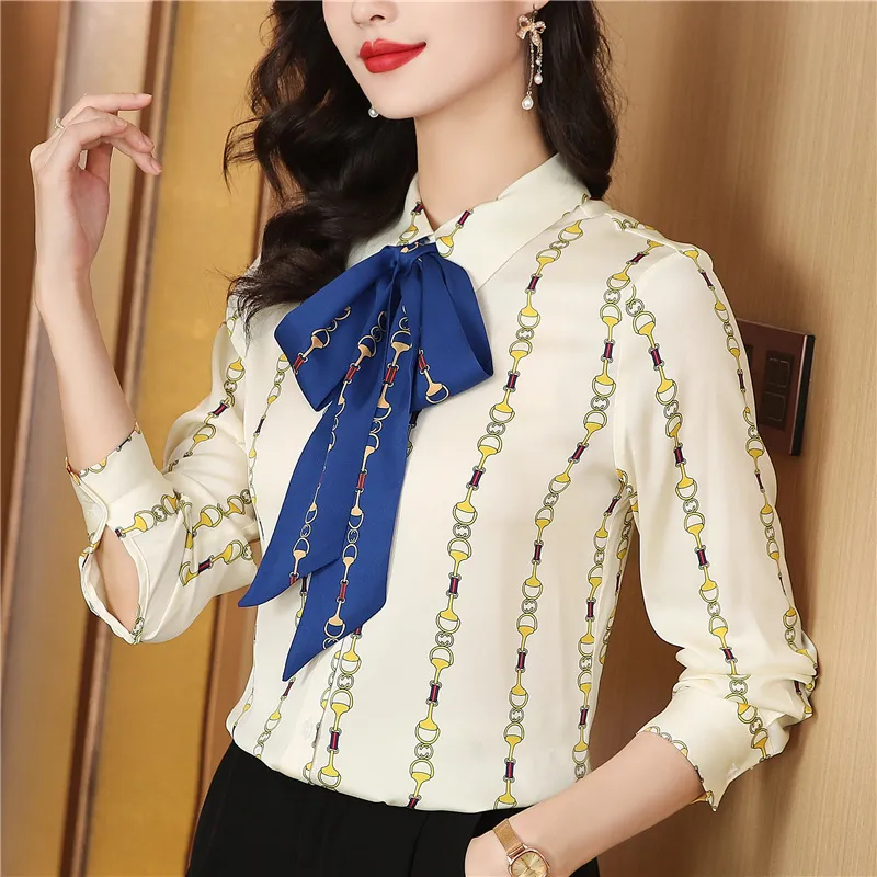 Printed Women Designer Lapel Shirts Silk Black Long Sleeve Elegant Fit Shirt Office Ladies Button Front Casual Satin Blouses Spring Fall Chic Slim Runway Tops - Deanwangkt