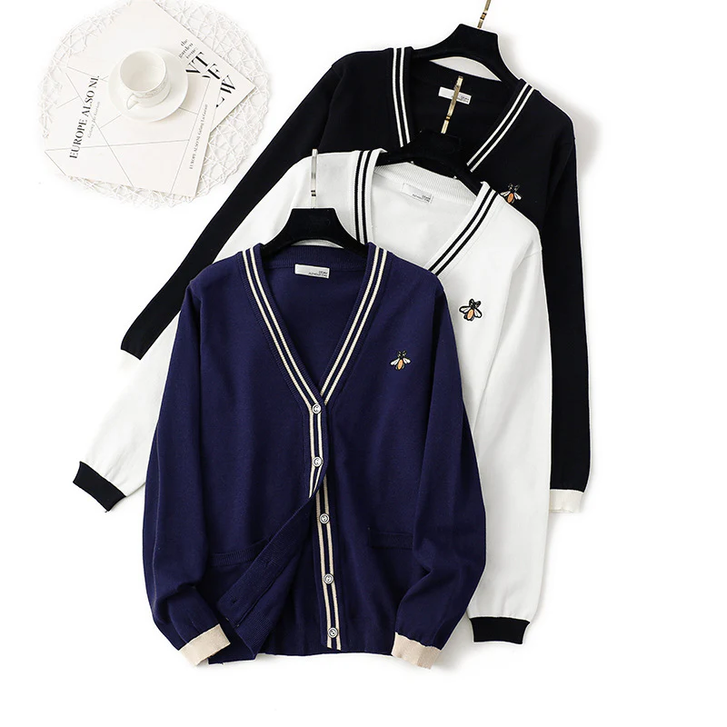 DEANWANGKT High-quality sweater women's new autumn and winter embroidery little bee thick knitted sweater top cardigan jacket in New - Deanwangkt