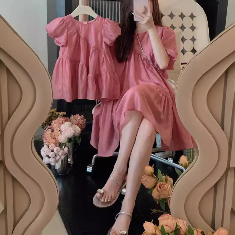South Korea Children's Summer Clothing Parent-Child Dress Sanya Holiday Big Swing Princess Dress Girl Mother-Daughter Matching Outfit Puff Sleeve Dress Fashion - Deanwangkt