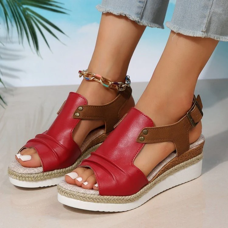 DEANWANGKT  Foreign Trade plus Size Straw High Heel Sandals Women's  New Thick-Soled Peep Toe Roman Shoes Buckle High Heel Women's Sandals - Deanwangkt