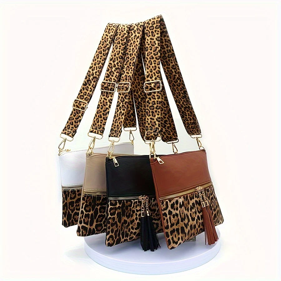 Stylish Leopard Print Tassel PU Crossbody Pouches - Adjustable Removable Strap, Zipper Closure, Polyester Lining, Random Animal Print Design - Fashionable Womens Handbags for Everyday Use - Deanwangkt