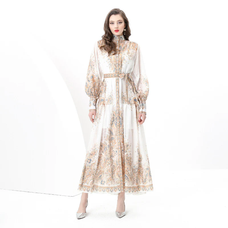 Court style high-end stand-up collar printed dress women's spring strap single-breasted design chic and beautiful long skirt - Deanwangkt