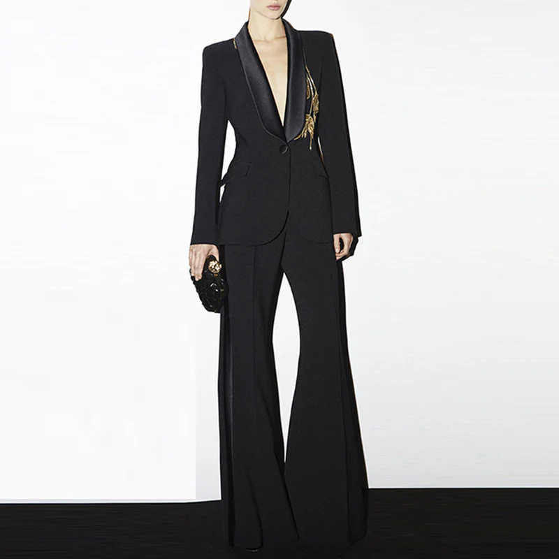 2025 spring new fashion beaded long-sleeved slim-fit blazer + high-waisted micro-pull straight-leg pants two-piece set - Deanwangkt