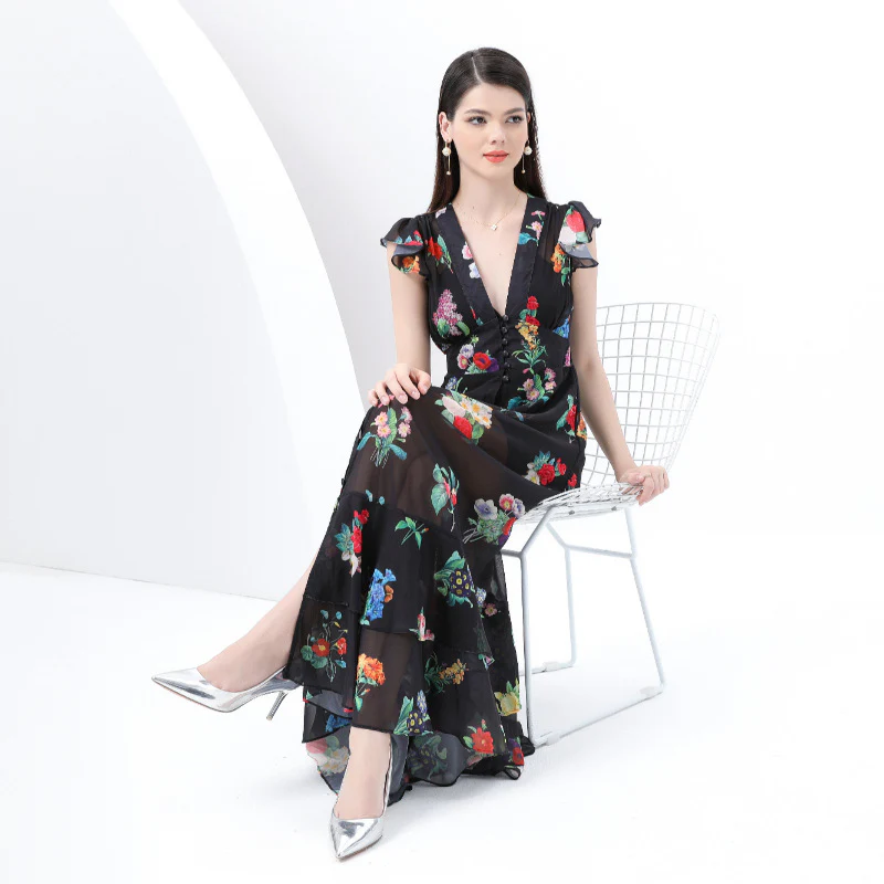 independent station women's clothing retro deep V-neck lantern sleeves wavy edge wide floral long dress two-piece set - Deanwangkt