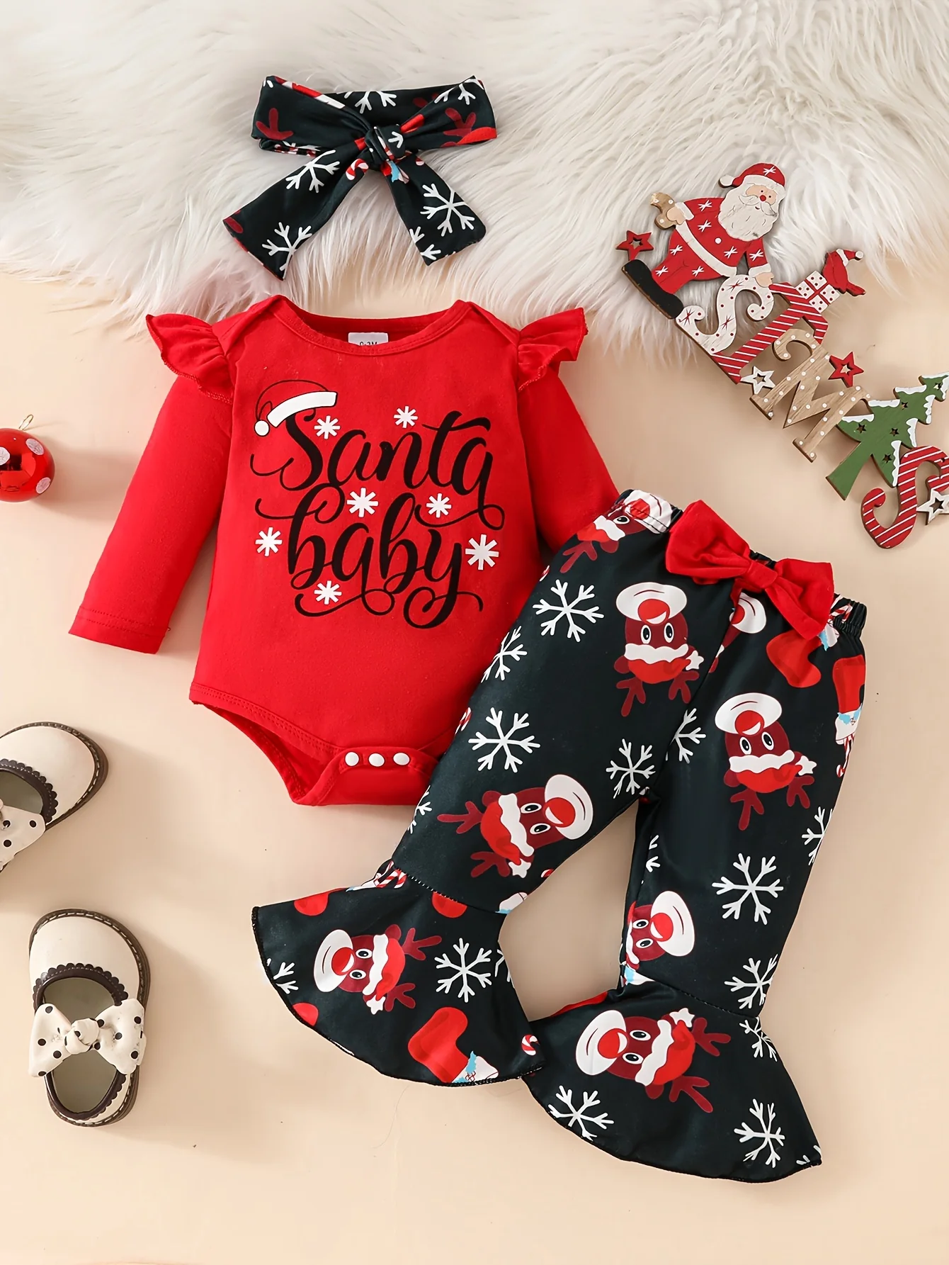 Christmas Letter Print Long Sleeve Shirt + Trumpet Pants + Headscarf Three-piece Set, Perfect for Outdoor - Deanwangkt