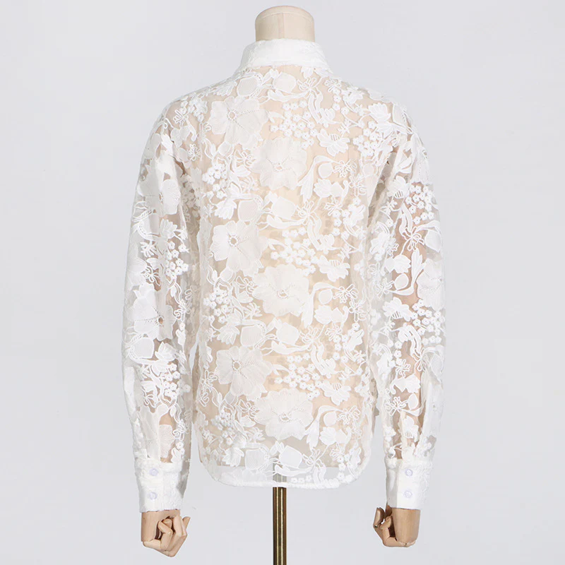 2025 New sexy suit  spring new fashion embroidered mesh see-through top + high-waisted straight pants - Deanwangkt