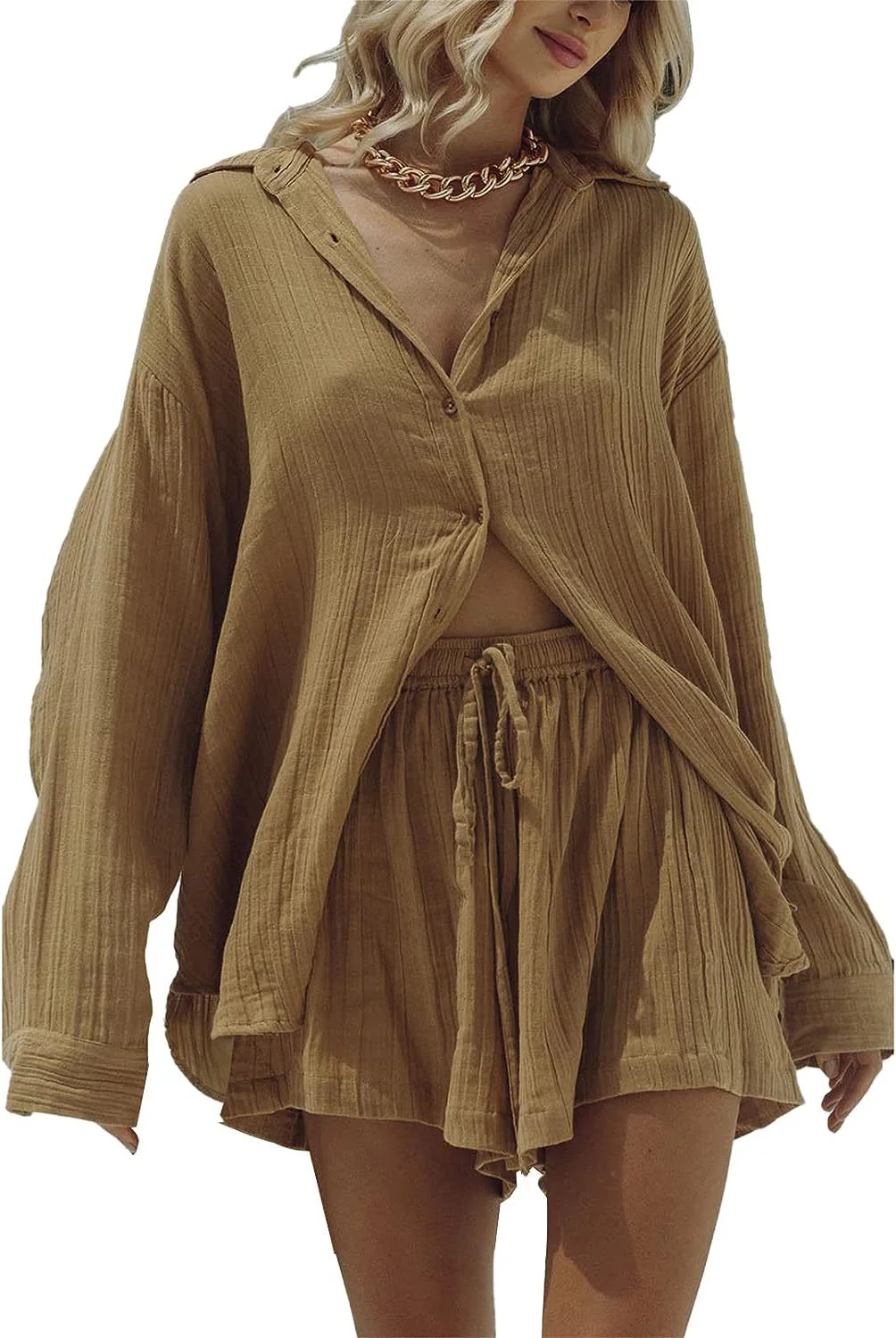 DEANWANGKT  European and American Style Women Casual Two-Piece Suit  Summer New Long Sleeve Shirt Top and Shorts Sportswear Suit - Deanwangkt