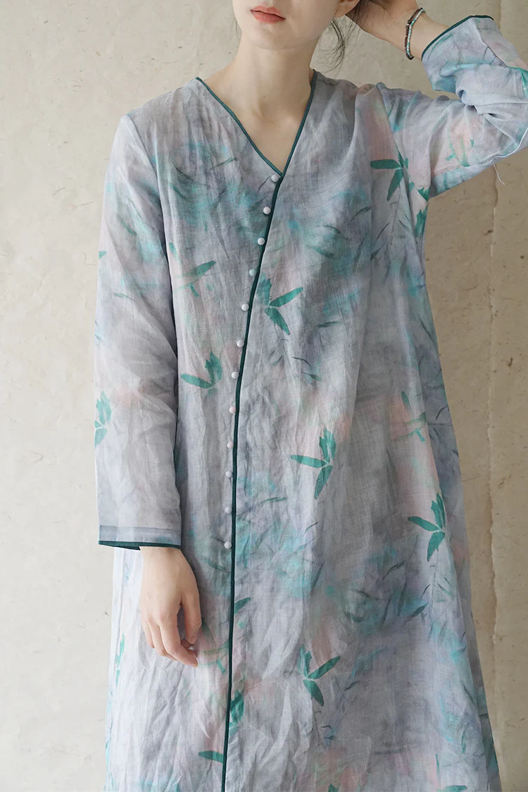 literary and artistic V-neck diagonal ramie printed multi-button dress, retro and fresh design travel robe L2248 - Deanwangkt
