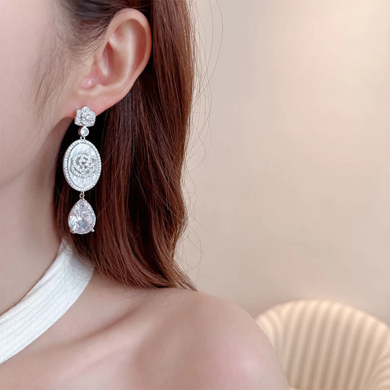 2025 camellia zircon water drop earrings banquet dress high-end earrings fashion temperament versatile light luxury earrings - Deanwangkt