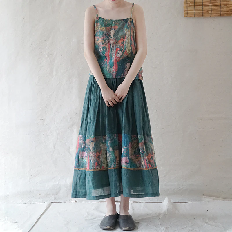 Chinese style printed ramie short sling Hanfu, Guochao belly pocket bottom versatile sling vest D21100 - Deanwangkt