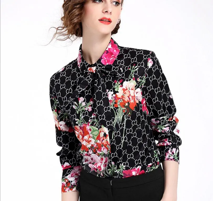 Designer Women Shirts Luxury GG Letter Chiffon Office Blouses Polo-Neck Lattice Ladies Loose Temperament Tops Blusas Fashion Dresses - Deanwangkt