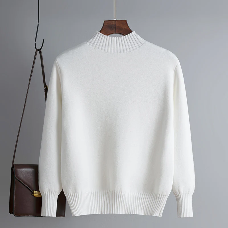 DEANWANGKT Fleece and thicker winter new women's clothing Korean version knitted sweater solid color semi-turtleneck jumper slim-fitting undershirt - Deanwangkt