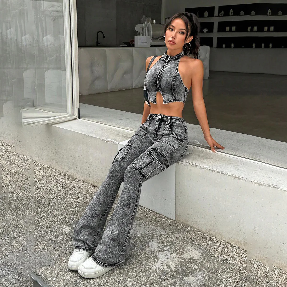 n trendy brand fashion washed old halter neck short top high waist tight slightly pulled trousers denim suit women - Deanwangkt